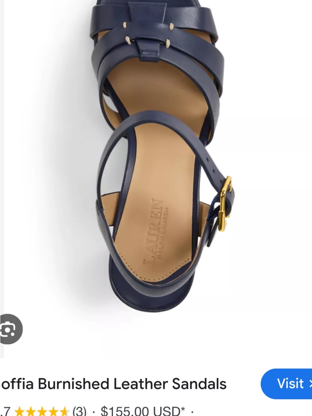 Lauren Ralph Lauren Navy Leather Burnished Strappy Sandals with Gold Buckle